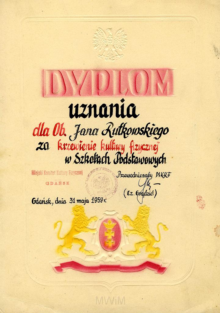 KKE 3217.jpg - Dyplom, Jana Rutkowskiego za krzewienie kultry fizycznej, Gdańsk, 1959 r.